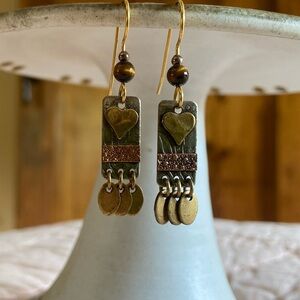 Brass, Copper, & Silver Heart Dangle Earrings